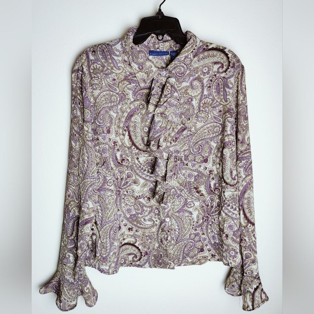 Karen Scott Ruffle Front Bell Sleeves Paisley Button Down Blouse, Sz L